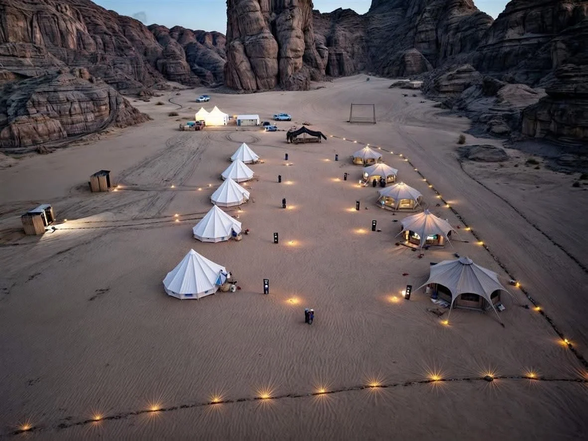 The Tourago desert camp seen from above at dusk near Djanet