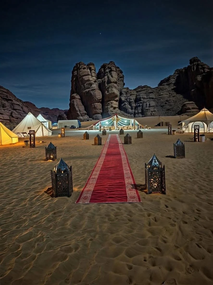 The Tourago desert camp lit by lanterns after dark below the rock towers near Djanet