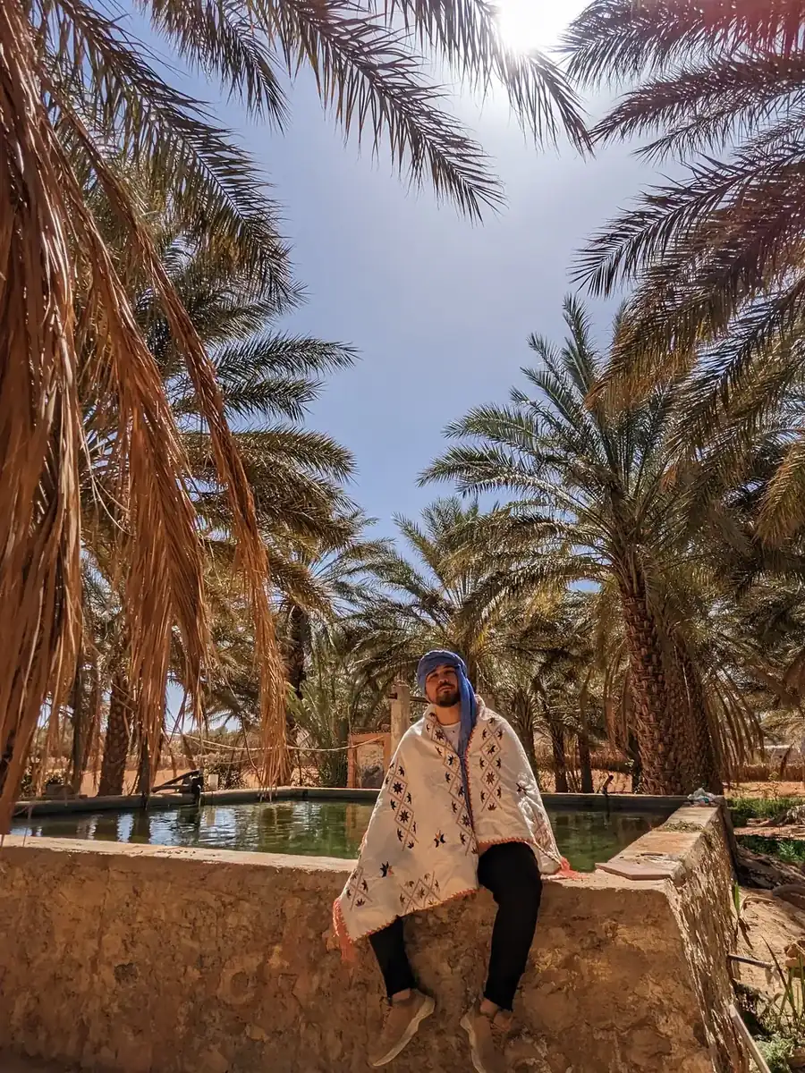 A traveller sitting on a wall in a palm grove at Ghardaïa, sunlight through the fronds