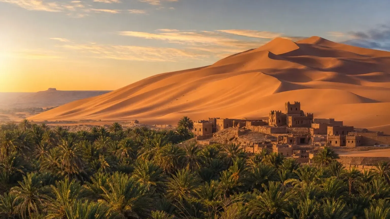 Dunes rising behind an oasis village at sunrise