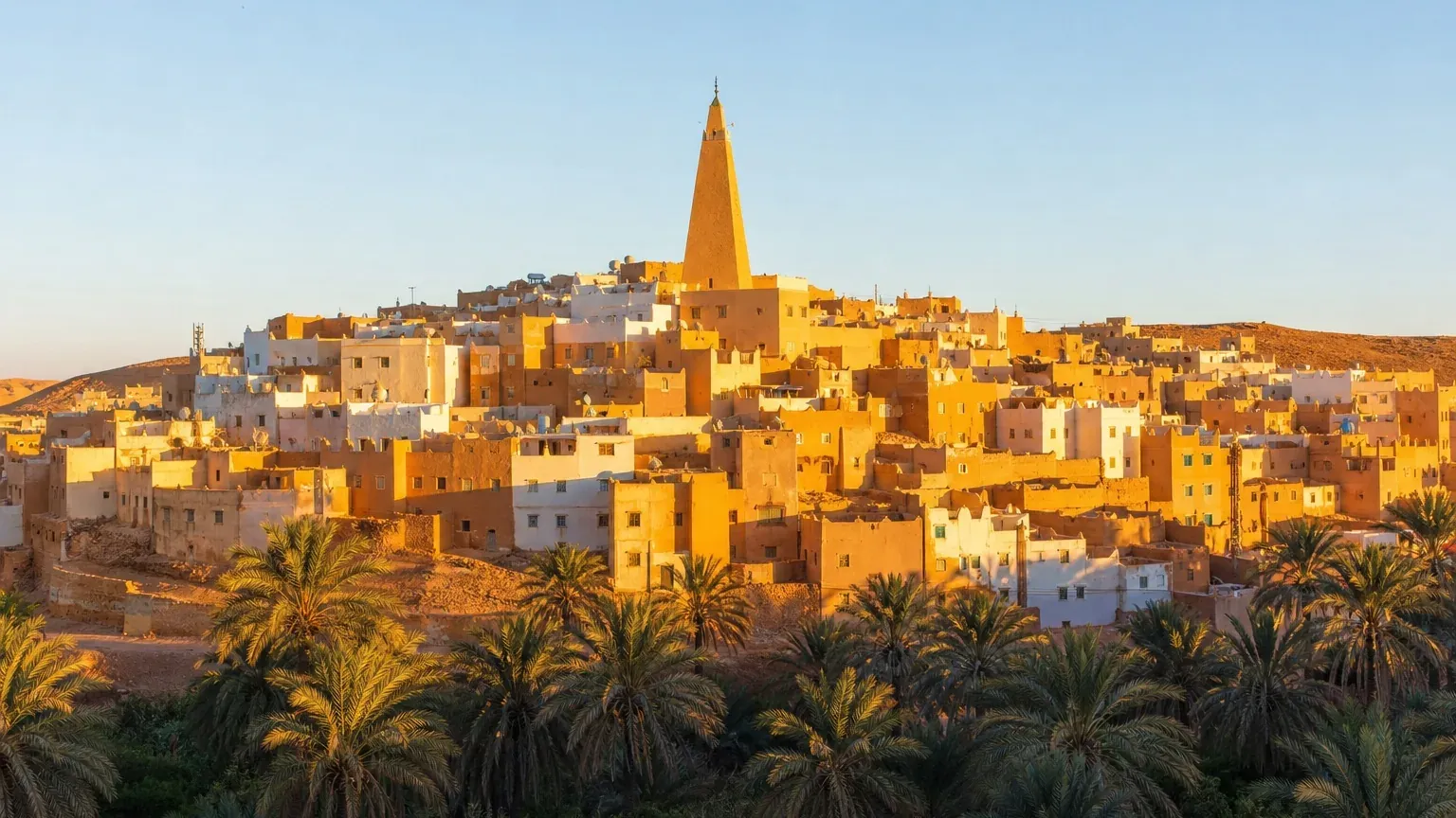 A hilltop ksar of the M'Zab Valley above its palm grove