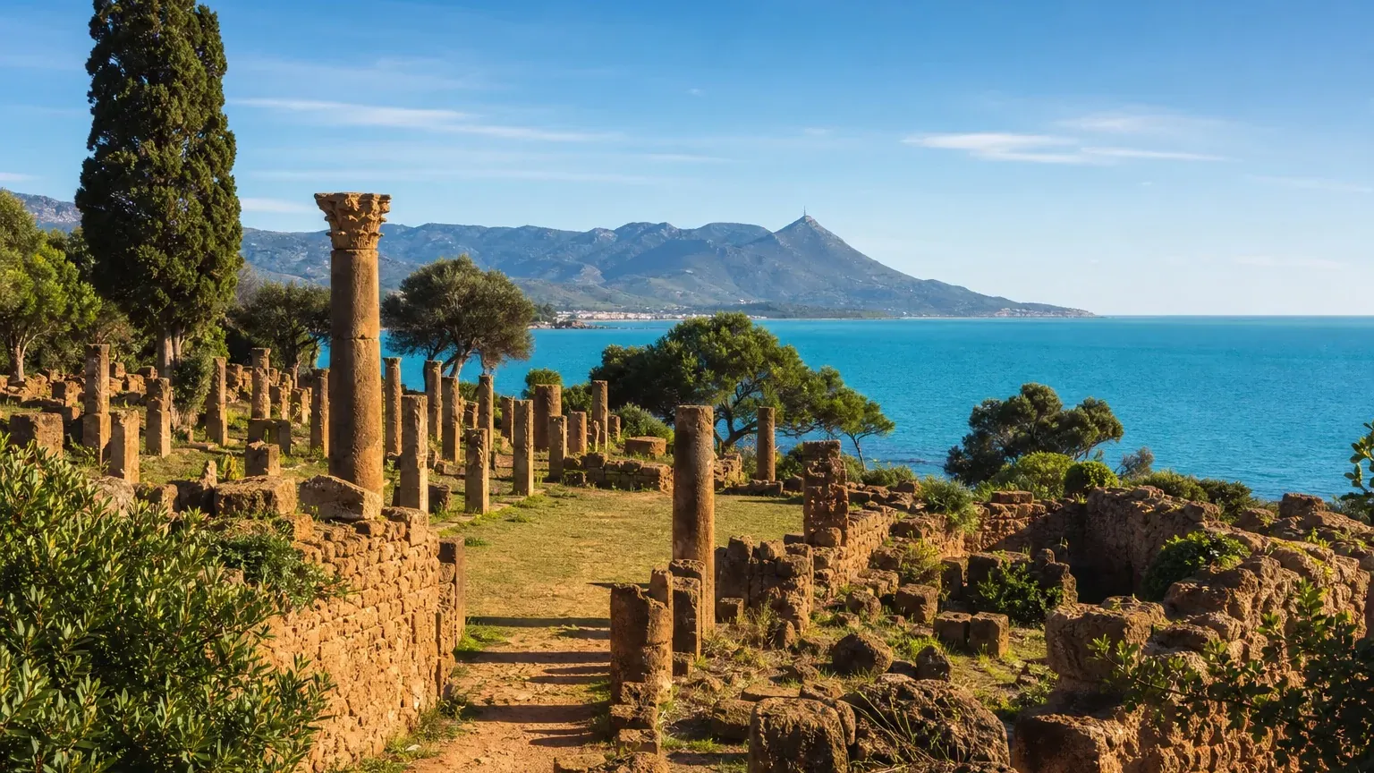 Roman columns standing above the Mediterranean at Tipaza